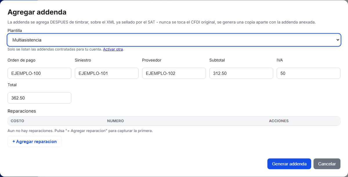 Formulario de la addenda Multiasistencia en TimbraMX con datos de ejemplo