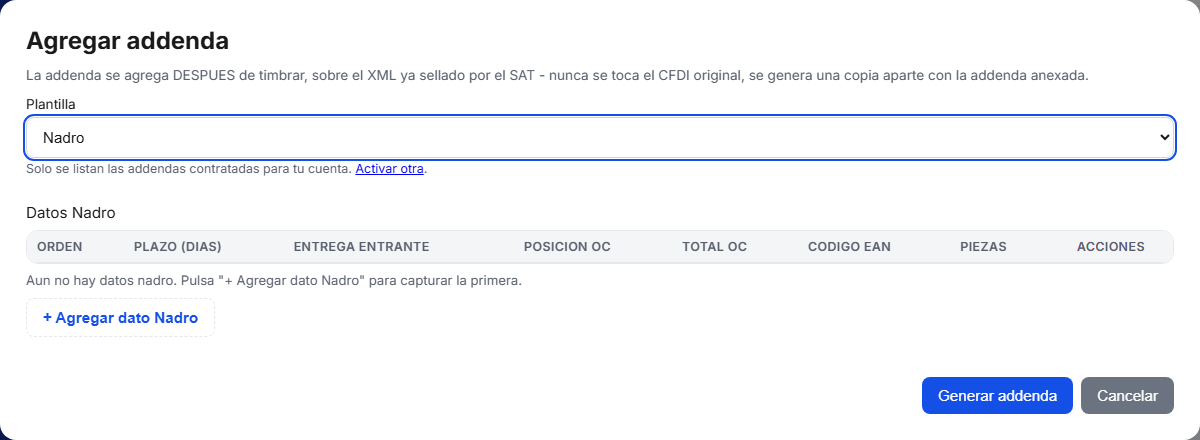 Formulario de la addenda Nadro en TimbraMX con datos de ejemplo