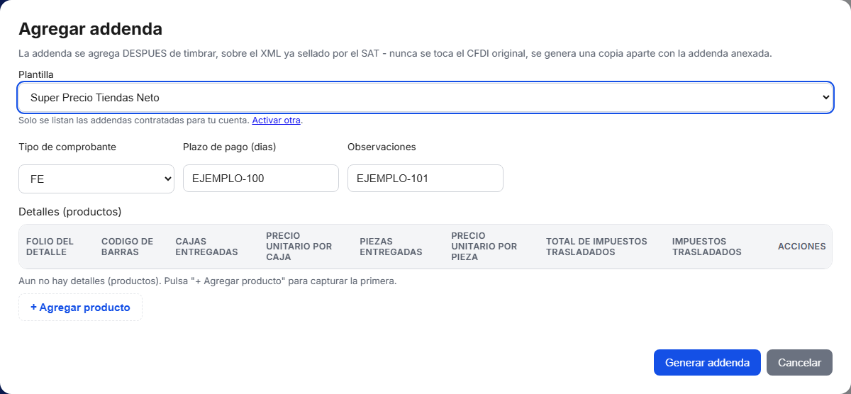 Formulario de la addenda Tiendas Neto en TimbraMX con datos de ejemplo