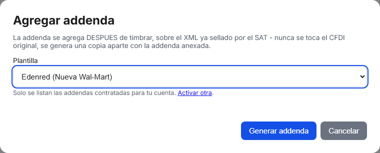 Formulario de la addenda Walmart en TimbraMX con datos de ejemplo