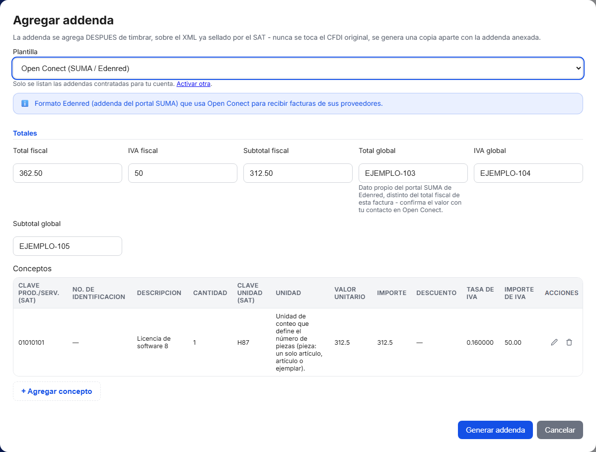 Formulario de la addenda Open Conect (SUMA Pay / Edenred) en TimbraMX con datos de ejemplo