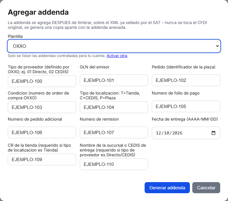 Formulario de la addenda OXXO en TimbraMX con datos de ejemplo