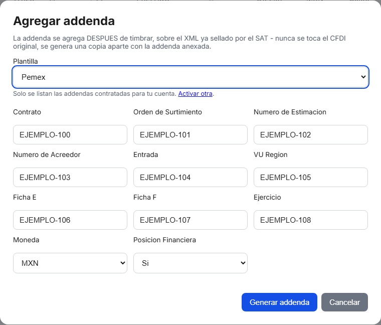 Formulario de la addenda Pemex en TimbraMX con datos de ejemplo