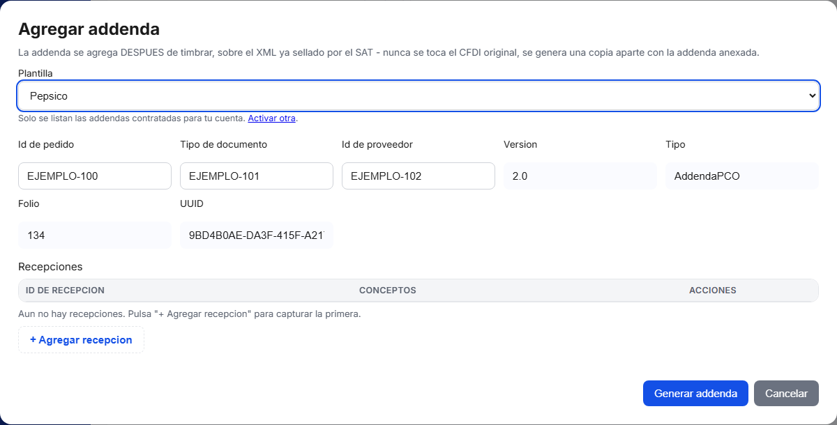 Formulario de la addenda PepsiCo en TimbraMX con datos de ejemplo