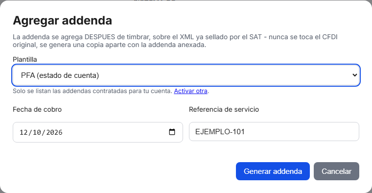 Formulario de la addenda PFA (Promotora Financiera y Asociados) en TimbraMX con datos de ejemplo