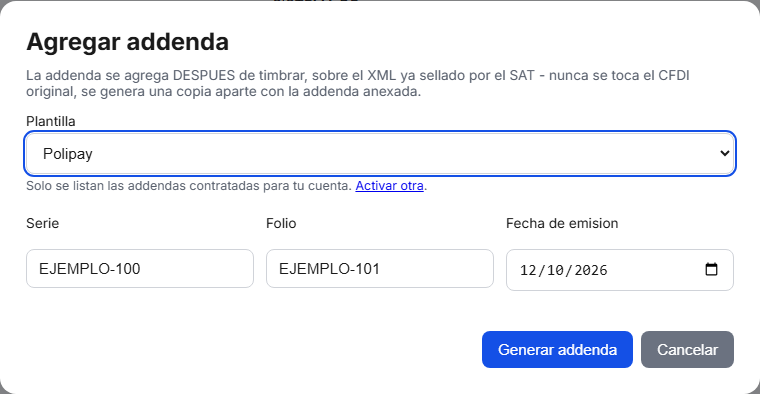 Formulario de la addenda Polipay en TimbraMX con datos de ejemplo