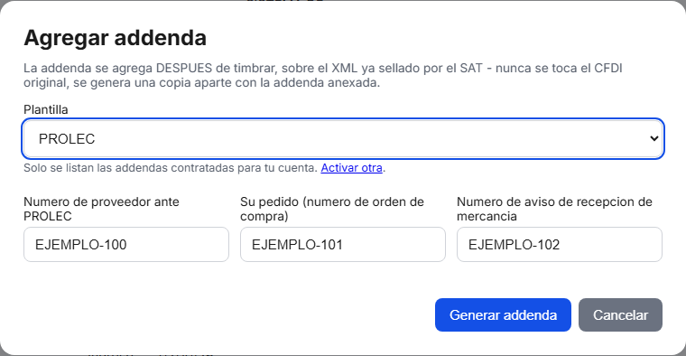Formulario de la addenda PROLEC en TimbraMX con datos de ejemplo