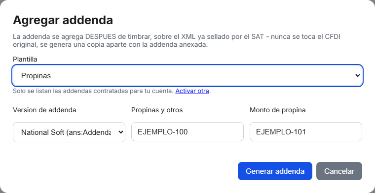 Formulario de la addenda Propinas (National Soft) en TimbraMX con datos de ejemplo