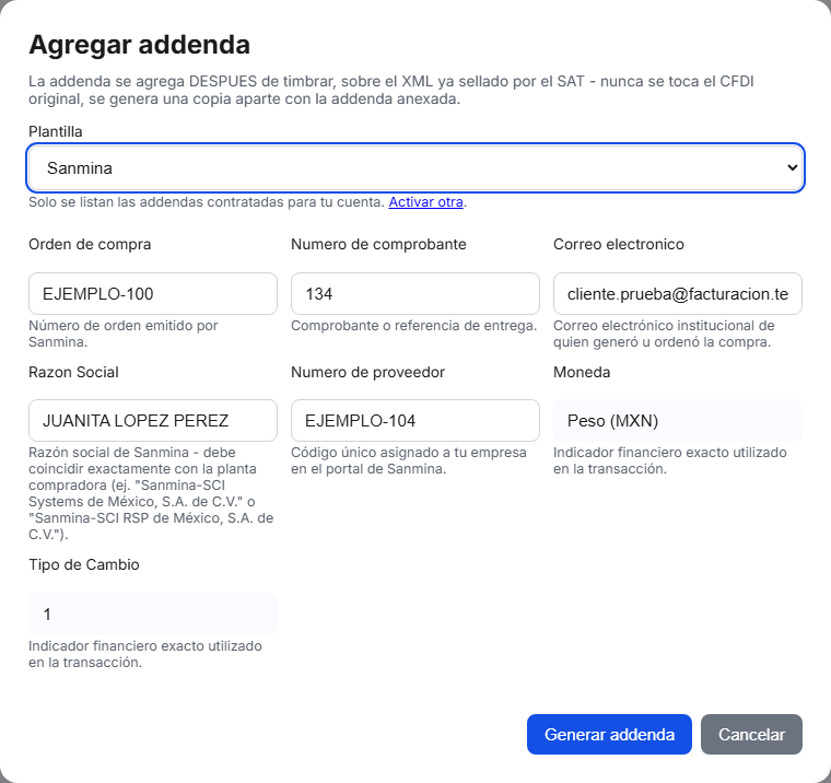Formulario de la addenda Sanmina en TimbraMX con datos de ejemplo