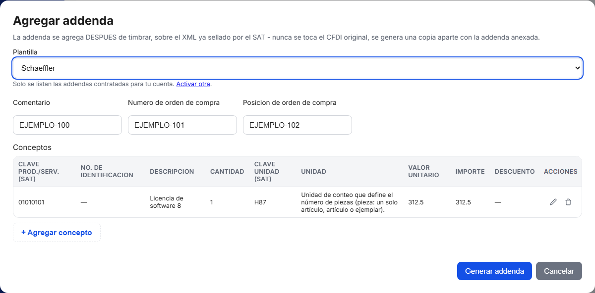 Formulario de la addenda Schaeffler en TimbraMX con datos de ejemplo