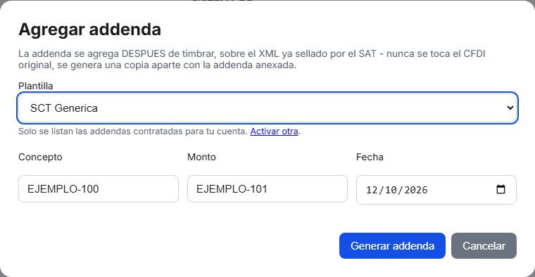 Formulario de la addenda SCT Genérica en TimbraMX con datos de ejemplo