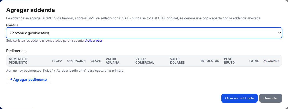 Formulario de la addenda Sercomex en TimbraMX con datos de ejemplo