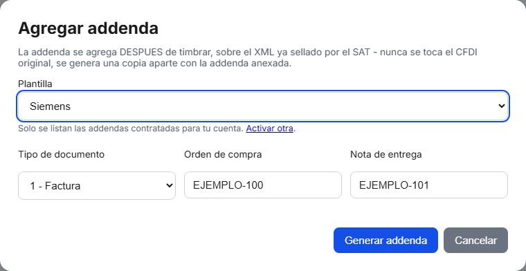 Formulario de la addenda Siemens en TimbraMX con datos de ejemplo