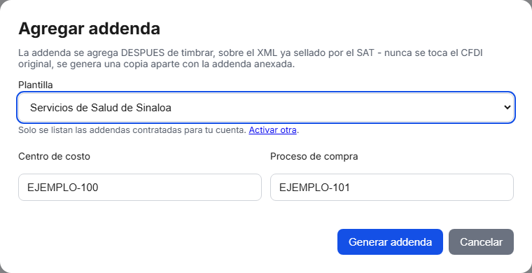 Formulario de la addenda Gobierno de Sinaloa (Salud) en TimbraMX con datos de ejemplo