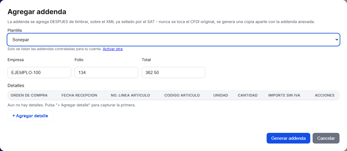 Formulario de la addenda Sonepar en TimbraMX con datos de ejemplo