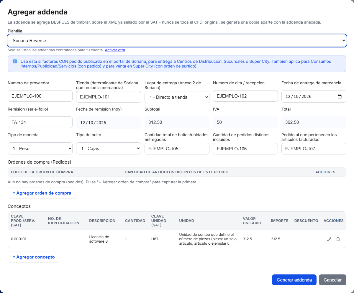 Formulario de la addenda Soriana Reverse (Logística Inversa) en TimbraMX con datos de ejemplo