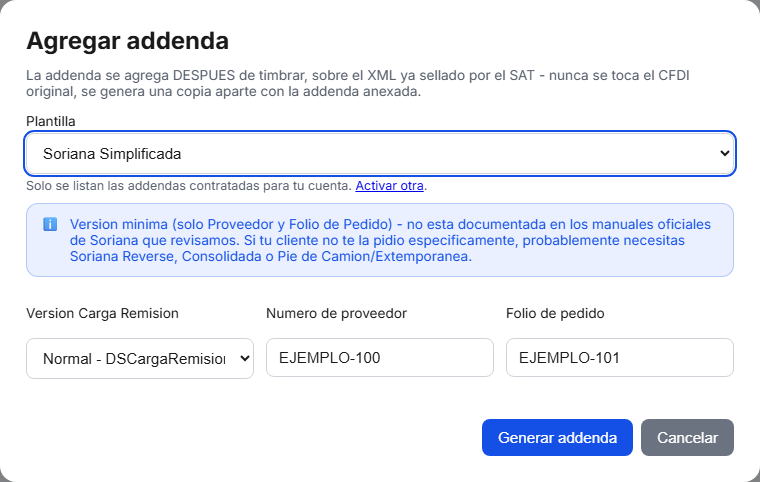 Formulario de la addenda Soriana Simplificada (Simple) en TimbraMX con datos de ejemplo
