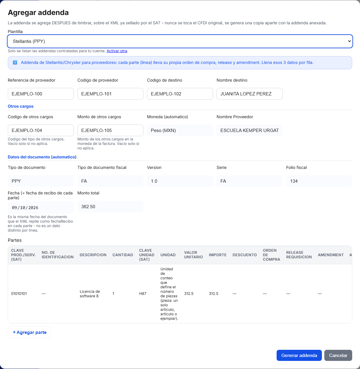 Formulario de la addenda Stellantis en TimbraMX con datos de ejemplo