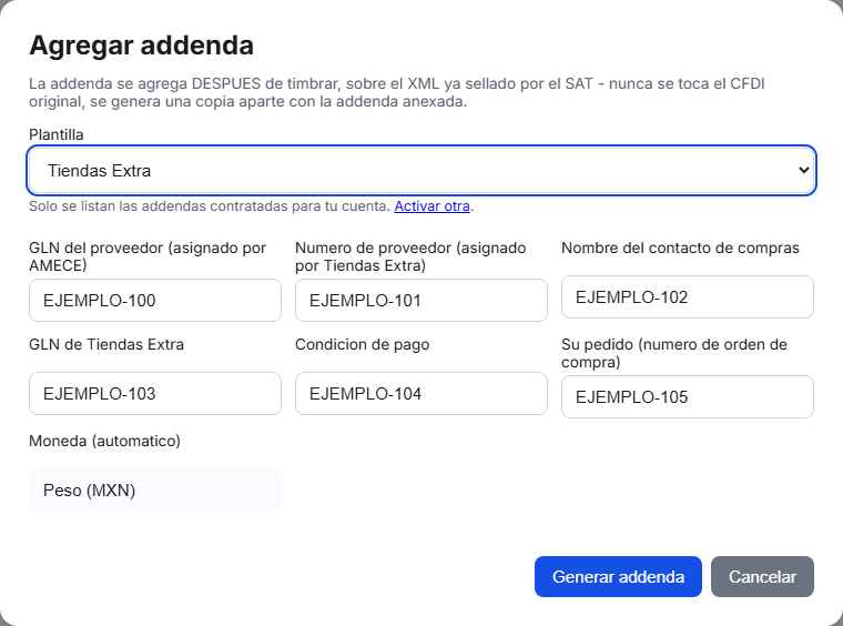 Formulario de la addenda Tiendas Extra en TimbraMX con datos de ejemplo