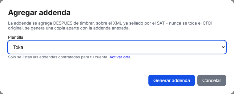 Formulario de la addenda Toka en TimbraMX con datos de ejemplo