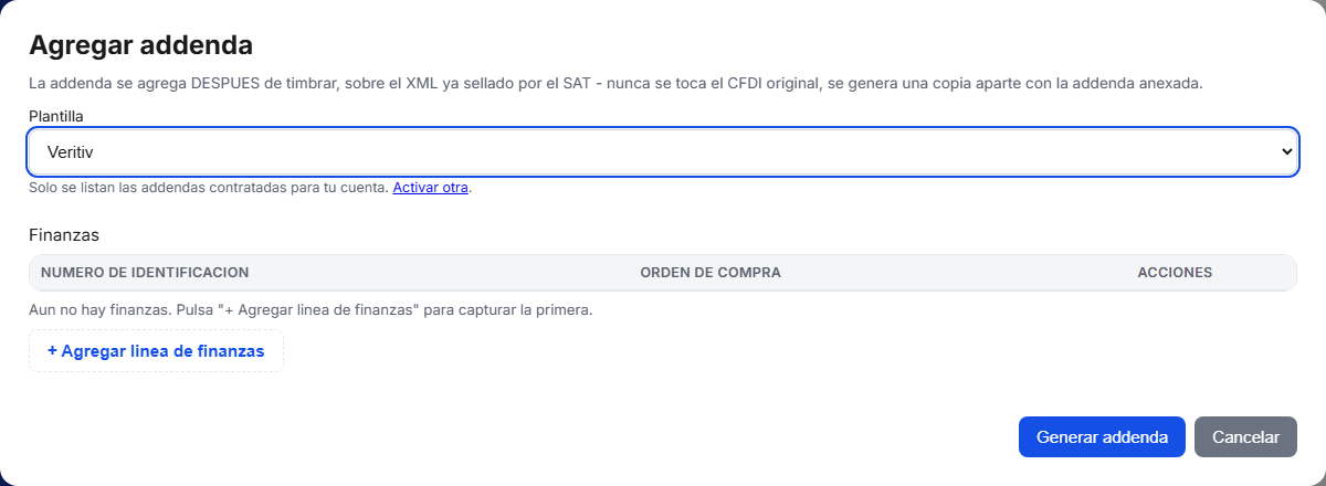 Formulario de la addenda Veritiv en TimbraMX con datos de ejemplo