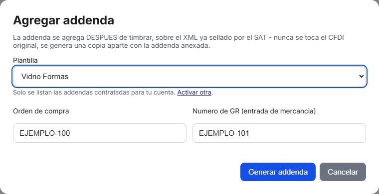 Formulario de la addenda Vidrio Formas en TimbraMX con datos de ejemplo