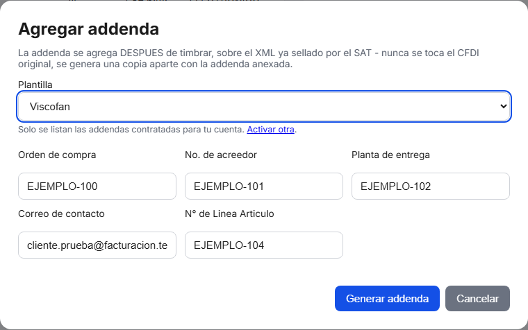 Formulario de la addenda Viscofan en TimbraMX con datos de ejemplo