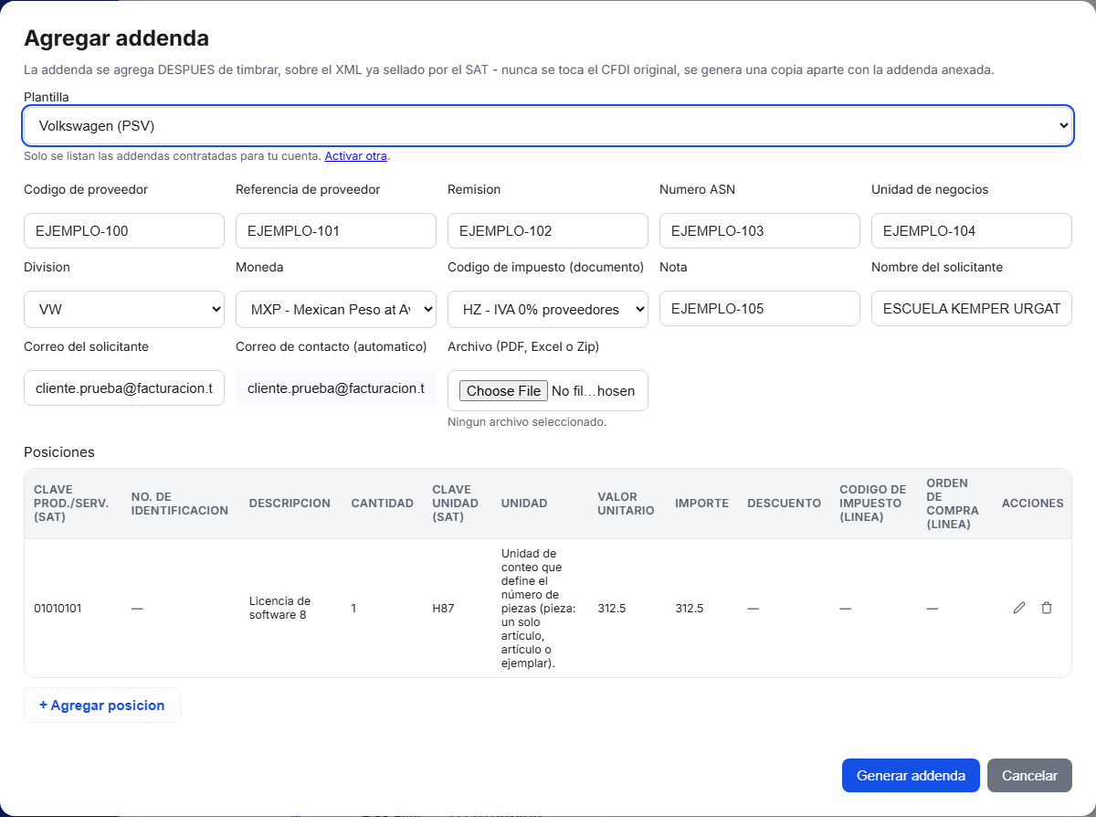 Formulario de la addenda Volkswagen en TimbraMX con datos de ejemplo