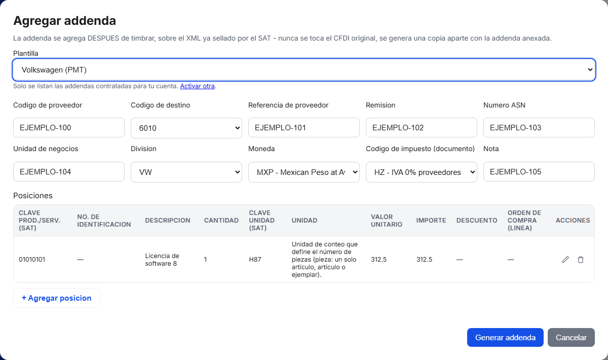 Formulario de la addenda Volkswagen (PMT) en TimbraMX con datos de ejemplo