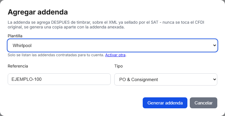 Formulario de la addenda Whirlpool en TimbraMX con datos de ejemplo