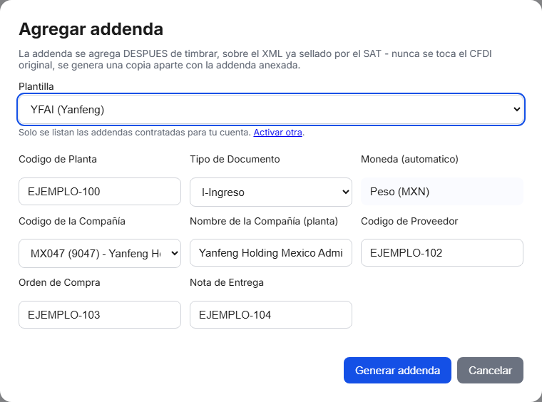 Formulario de la addenda YFAI (Yanfeng) en TimbraMX con datos de ejemplo