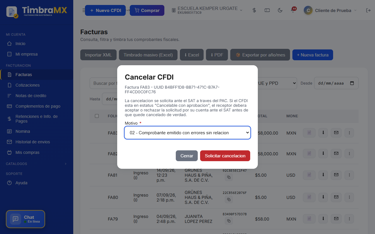 Formulario para elegir el motivo de cancelación de un CFDI de facturación electrónica en TimbraMX