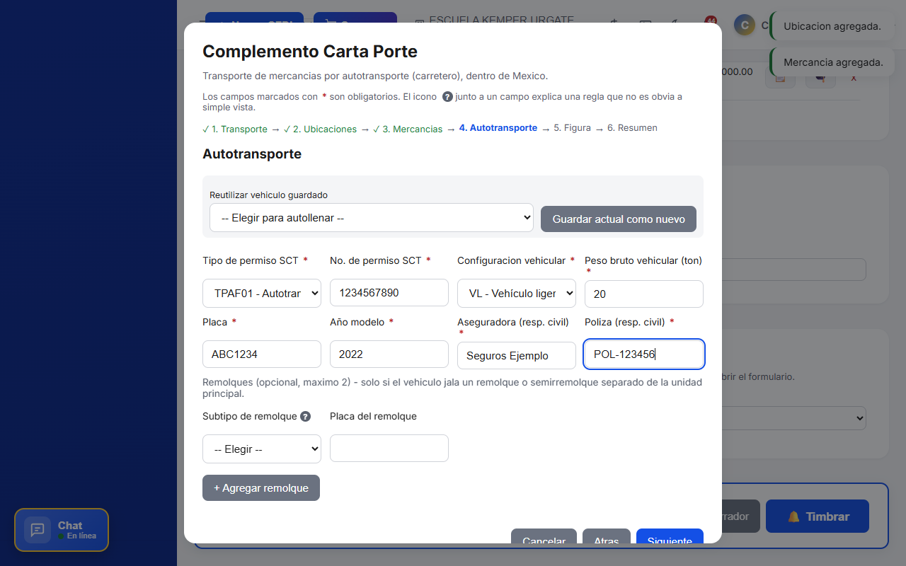 Formulario de Autotransporte del Complemento Carta Porte CFDI en TimbraMX, con permiso SCT y configuración vehicular