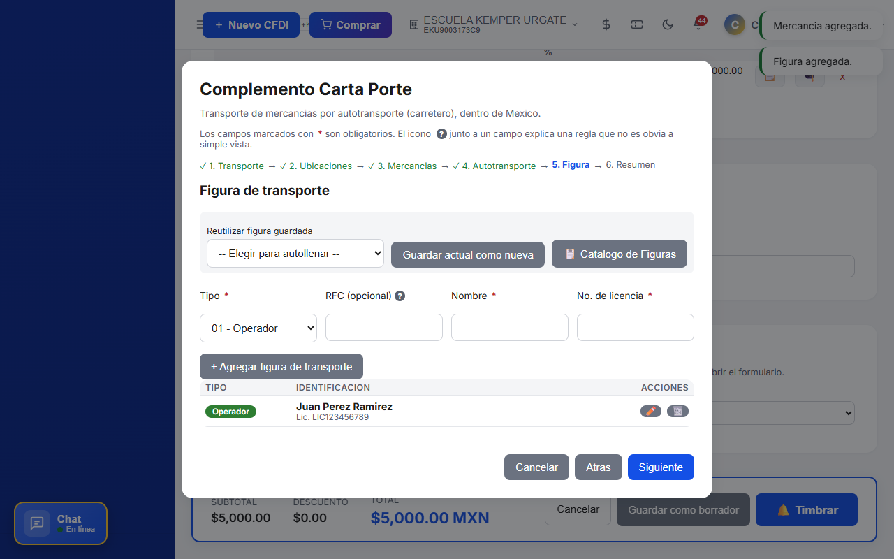Figura de transporte agregada al Complemento Carta Porte CFDI en TimbraMX