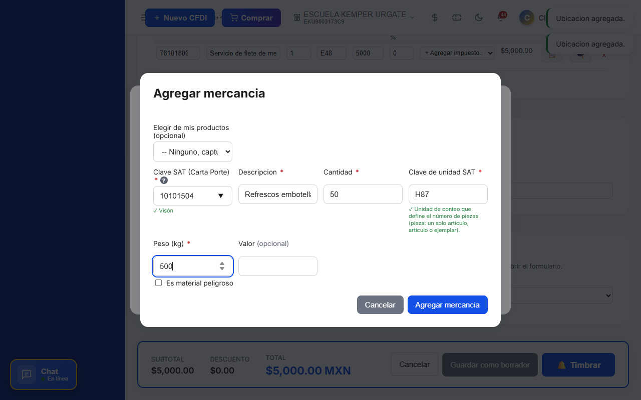 Formulario para agregar una mercancía al Complemento Carta Porte CFDI en TimbraMX