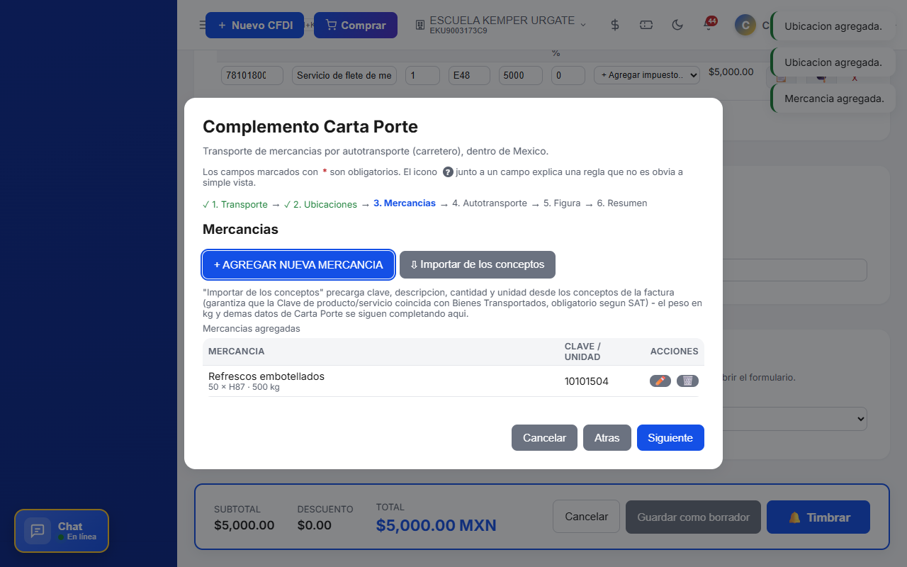 Lista de mercancías agregadas al Complemento Carta Porte CFDI en TimbraMX