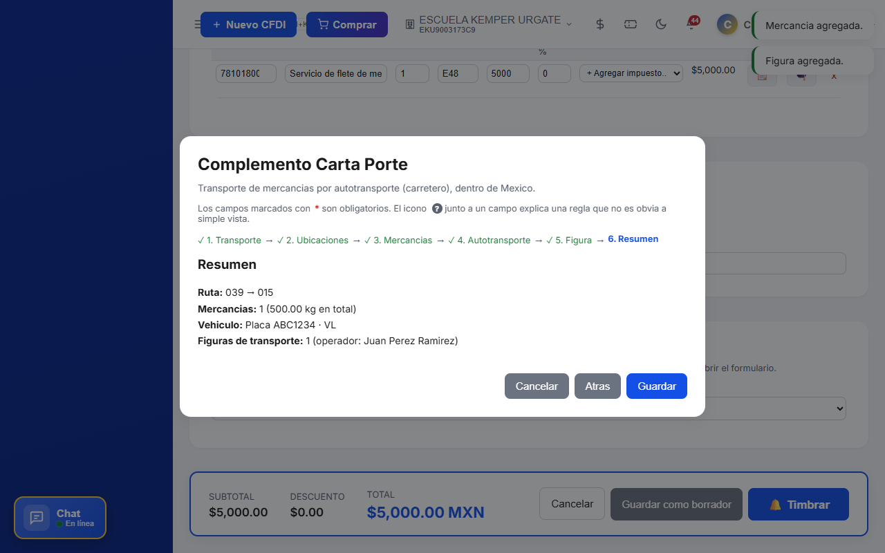 Resumen final del Complemento Carta Porte CFDI antes de guardar en TimbraMX