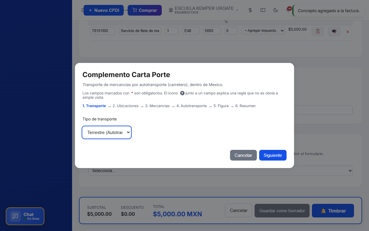 Complemento Carta Porte CFDI paso 1, selección del tipo de transporte en TimbraMX