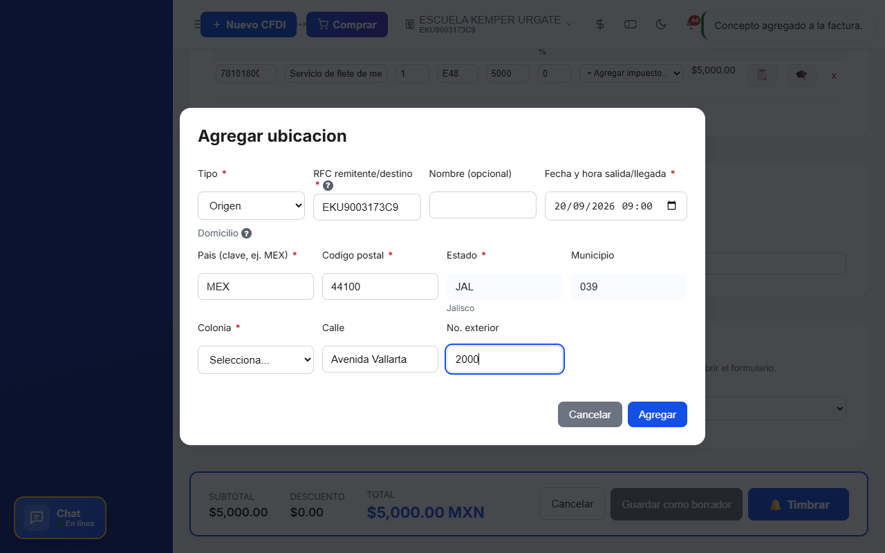 Formulario de ubicación de Carta Porte CFDI con domicilio autocompletado por código postal en TimbraMX