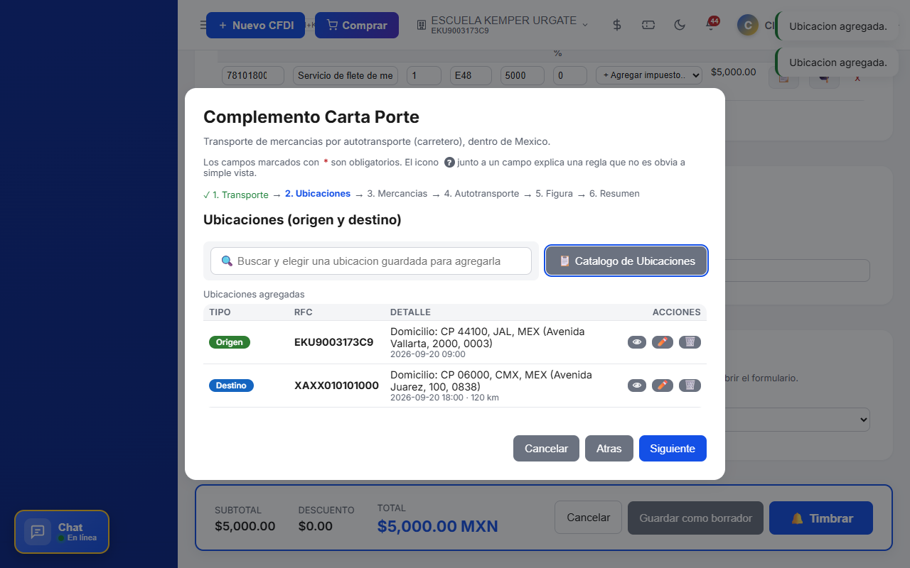 Ubicaciones de origen y destino agregadas al Complemento Carta Porte CFDI en TimbraMX