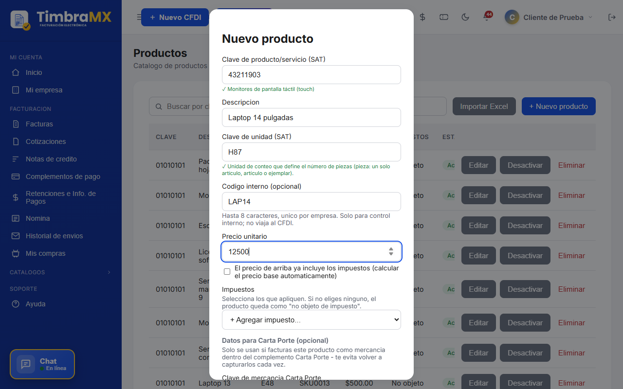 Formulario de producto de facturación electrónica lleno con clave, descripción y precio en TimbraMX