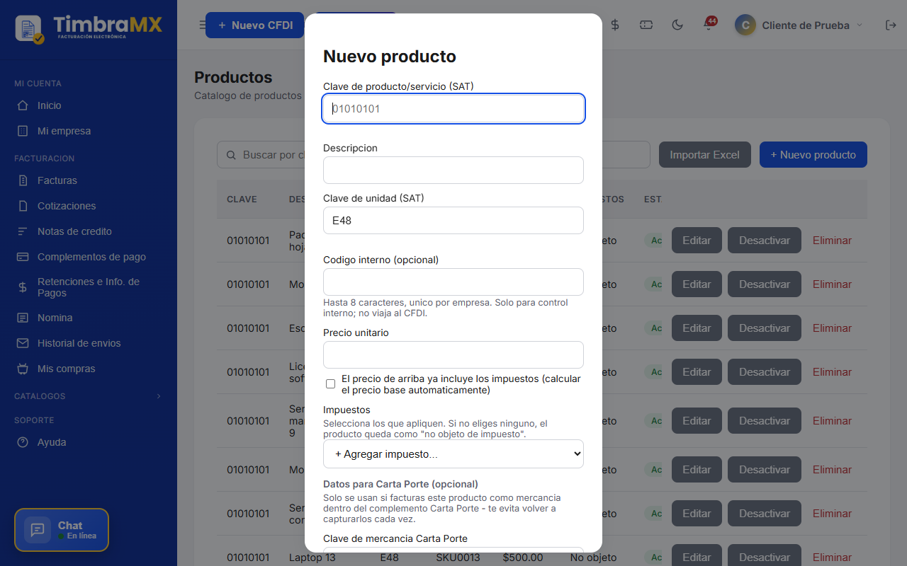 Formulario vacío para crear un producto de facturación electrónica en TimbraMX
