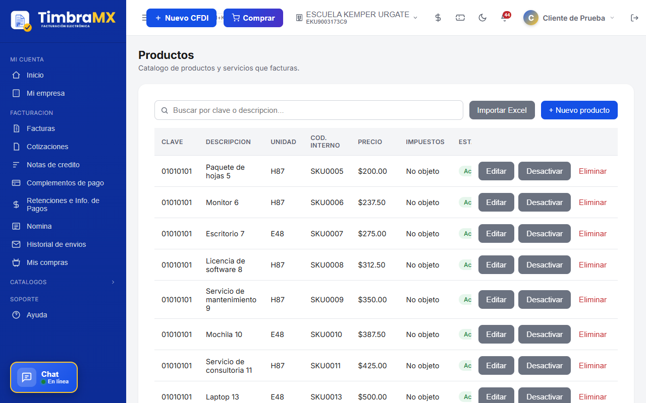 Listado del catálogo de productos de facturación electrónica en TimbraMX