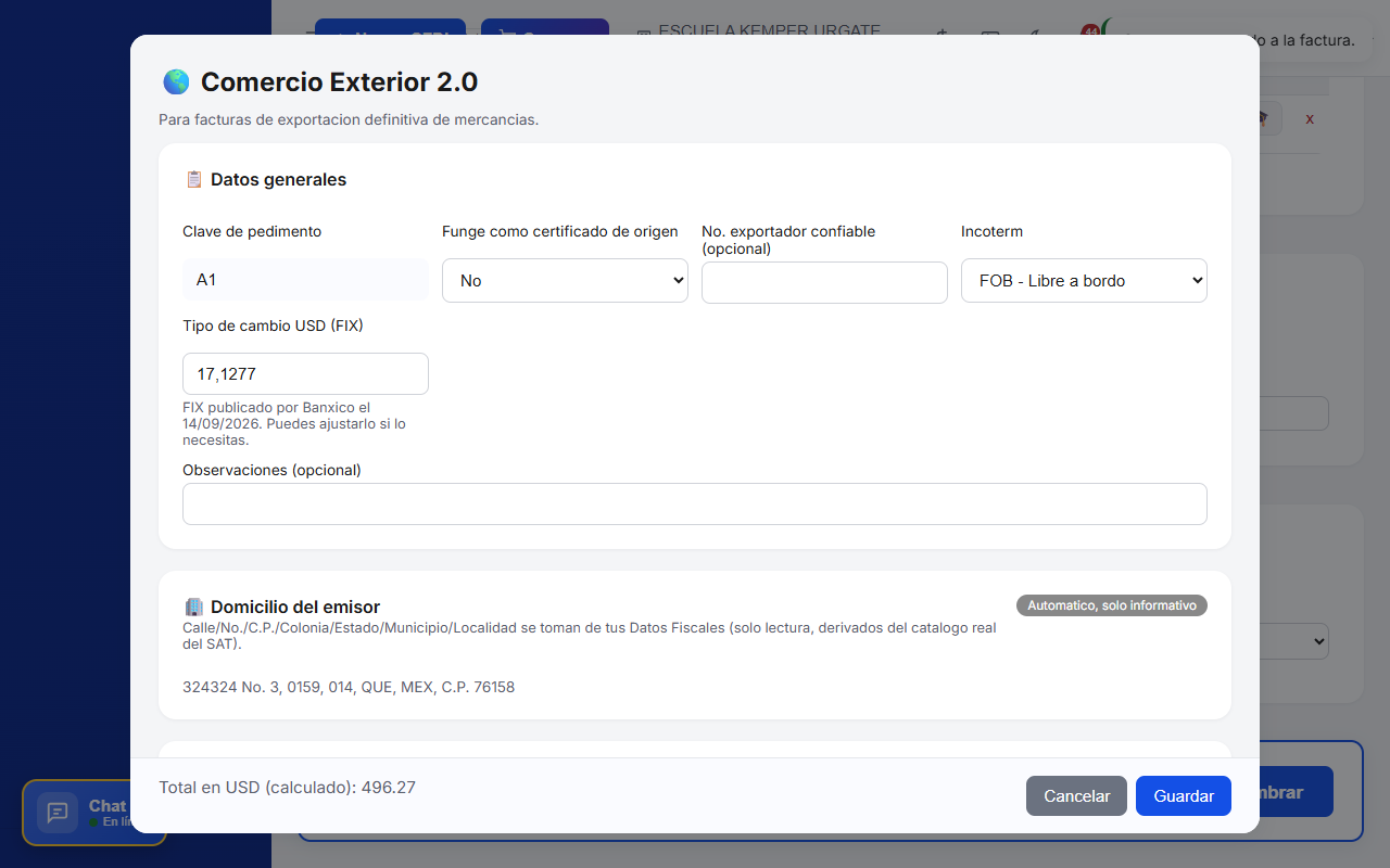 Formulario de Datos generales de Comercio Exterior 2.0 en TimbraMX, con tipo de cambio FIX autocompletado