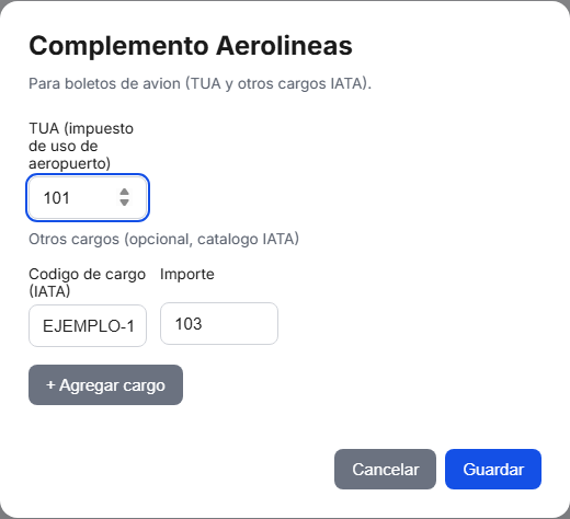 Formulario del complemento de Aerolíneas en TimbraMX con datos de ejemplo