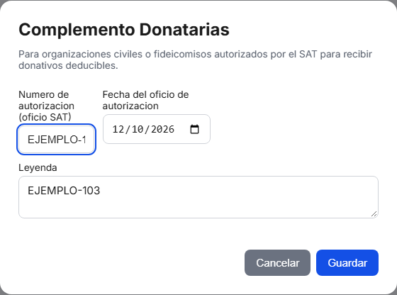 Formulario del complemento de Donatarias en TimbraMX con datos de ejemplo