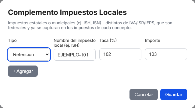 Formulario del complemento de Impuestos Locales en TimbraMX con datos de ejemplo