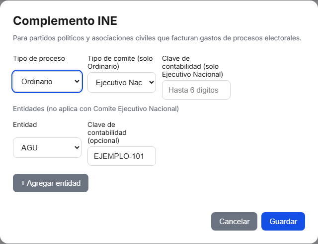Formulario del complemento de INE en TimbraMX con datos de ejemplo