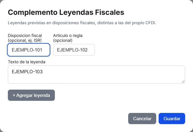 Formulario del complemento de Leyendas Fiscales en TimbraMX con datos de ejemplo