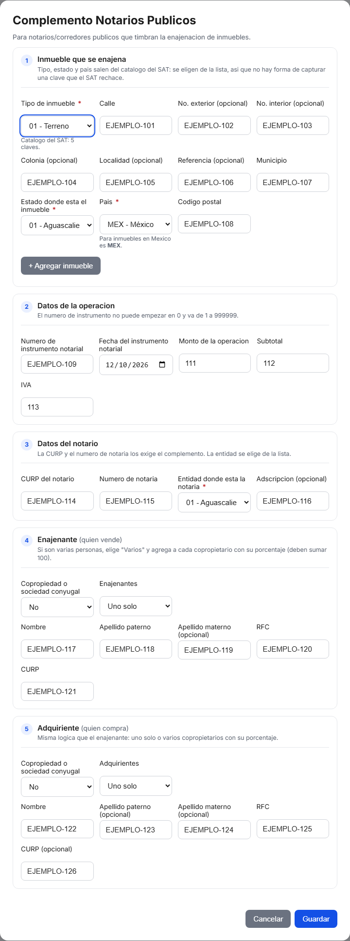 Formulario del complemento de Notarios Públicos en TimbraMX con datos de ejemplo